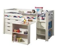 Vipack Lit de jeu Pino avec bureau, étagère et commode à tiroirs - Lit en pin massif, Meubles d'appoint MDF laqué blanc, Dimension : 210 cm x 114 cm x 106 cm ; PICOHSBUBIKS14