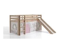 Vipack Lit de jeu Pino – pin massif naturel, toboggan, rideau "Birdy"