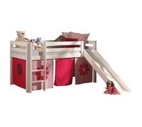 Vipack PINO Lit mezzanine avec toboggan pin massif Blanc + rideau de lit Pink Flower