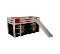 Vipack pino lit mezzanine avec toboggan pin massif blanc + rideau de lit pirate