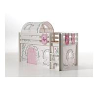 Vipack Lit de jeu Pino surélevé pin massif 90x200 cm avec rideau, tunnel et 3 pochettes Birdy