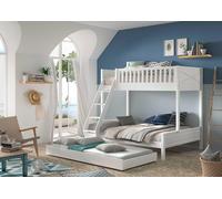 Vipack SCOTT Lit familial avec surface de couchage 90x200 et 140x200 cm, incl. sommier à lattes, échelle et 2 petits tiroirs de lit, finition en pin laqué blanc