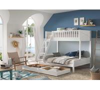 Vipack SCOTT Lit familial avec surface de couchage 90x200 et 140x200 cm, incl. sommier à lattes, échelle et grand tiroir de lit, finition en pin laqué blanc