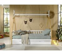 Vipack - Tipi Lit couchette avec encadrement, barre de toit, sommier à lattes et tiroir de lit (blanc), surface de couchage 90 x 200 cm, finition en pin massif naturel et laqué blanc
