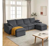 Vipbear Canapé d' Angle Modulable en U 348 cm 6 Places avec 2 Repose-Pieds Amovible, Boneless Couch Sofa, Canapé Cloud en Velours Côtelé à Assise Profonde, Canapé en U pour Salon, Gris