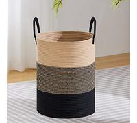 VIPOSCO Grand panier à linge, grand panier de rangement en corde tissée pour couverture, jouets, vêtements sales dans le salon, la salle de bain, la chambre à coucher - 58 L, marron et noir