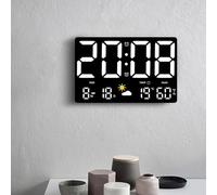 VIRELLO Grande horloge murale numérique LED, prévisions météo, température, humidité, calendrier, 5 niveaux de luminosité, capteur automatique, support mural pour la maison, le bureau, la chambre à