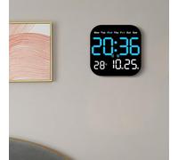 VIRELLO Horloge murale LED moderne, calendrier numérique, thermomètre, alarme de phases de lune, compte à rebours à 10 niveaux de luminosité, télécommande, support de bureau ou mural, bleu