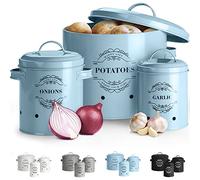 Virklyee Paniers Ail Pot à Oignon en Métal Set of 3-Pot en Métal pour Pommes de Terre, Oignons et Ail - Design Aéré avec Couvercle, pour un rangement facile (Bleu Clair)