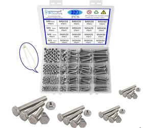 Vis Rshuhx 320pcs M3 M4 M5 M6 Vis à Tête Hexagonale Boulons et écrous Acier Inoxydable 304