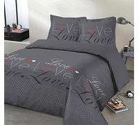 Vision - Parure de lit Love -100% Coton - Anthracite - Set de Housse de Couette 200x200 cm avec 2 taies d'oreiller pour lit 2 Personnes - Fibres Naturelles - Certifié Oeko-Tex