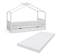 VitaliSpa Lit cabane Franka, Blanc, 90x200 cm | avec 2 tiroirs et matelas, convient aux matelas jusqu'à 90x200 cm et compatible