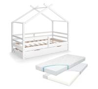 Lit cabane Vitalispa Luni Blanc 160 x 80 cm avec lit d'invité extensible et matelas, Model 59342