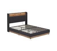 Vitalispa Lit rembourré "Nura", Anthracite/Chêne 140x200 | avec 4 tiroirsavec port de chargement USB, éclairage LED et télécommande