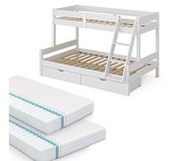 VitaliSpa Lit superposé Everest, Blanc, 120x200 / 80x200 cm avec 2 Matelas et 2 tiroirs, avec escalier intégré et système de sommier à Lattes Stable