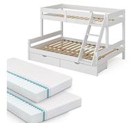 VitaliSpa Lit superposé Everest, Blanc, 140x200 / 90x200 cm avec 2 Matelas et 2 tiroirs, avec escalier intégré et système de sommier à Lattes Stable