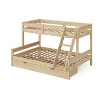 VitaliSpa Lit superposé Everest, Naturel Bois, 140x200 / 90x200 cm avec tiroirs, avec escalier intégré et système de sommier à Lattes Stable