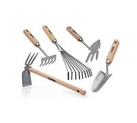 VITO - Kit 5 Outils de Jardin Manche Bois INOX et Fer forgés à la Main Haute qualité