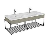 Vitra Equal double vasque à poser 66045 132,5x52cm, avec vasque à poser asymétrique, blanc , étagère, avec panneau en bois béton