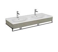 Vitra Equal ensemble de lavabo double 66044 132,5x52cm, lavabo asymétrique, blanc , porte-serviettes , avec panneau en bois béton