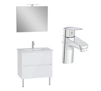 VitrA Meuble Mia Plus 80 cm, 2 tiroirs, plan céramique et miroir éclairage LED, fermeture douce, Blanc brillant + mitigeur Flow Round - Blanc brillant