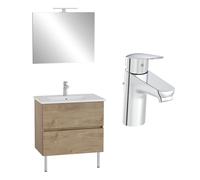 VitrA Meuble Mia Plus 80 cm, 2 tiroirs, plan céramique et miroir éclairage LED, fermeture douce, Blanc brillant + mitigeur Flow Round - Bois Chêne