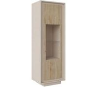Vitrine 1 porte beige poudré façades aspect bois finition Cadiz et verre piètement socle - AZONTO -