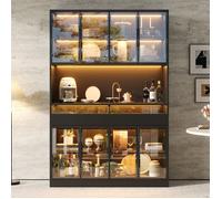 Vitrine, 120×40×180 cm, buffet, meuble-bar, avec éclairage LED, 8 portes 2 tiroirs, verre trempé gris, compartiment ouvert, noir