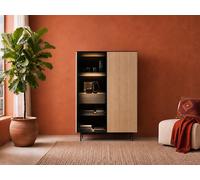 Vitrine 2 portes avec LEDs en MDF et verre fumé - H. 166 cm - Naturel clair et Noir - SAYERA
