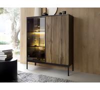 Vitrine 2 portes avec LEDs en MDF et verre fumé - Noir et Naturel - OVILA