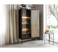Vitrine 2 portes et 1 tiroir avec LEDs en MDF et verre fumé - Noir et Naturel - OVILA