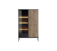 Vitrine 2 portes et 1 tiroir avec LEDs en MDF et verre fumé - Noir et Naturel - OVILA