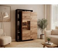 Vitrine 2 portes et 5 niches avec LEDs - Naturel clair et anthracite - IDESIA