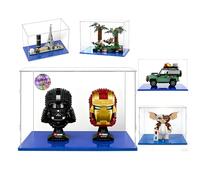 Vitrine 35x20x25 pour 2 Pièces Lego Casque,10267 10317 21361 21044 75353 | pour Star Wars Casque,F1 Casque,10293,Gremlins Gizmo,Land Rover,42242,60414,Transparent Acrylique,Facile Installer,Base Bleue