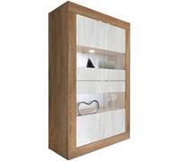 Vitrine 4 portes aspect bois finition Mercure façades blanc texturées et verre avec Leds - OTELLO -