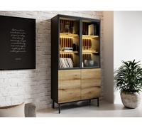 Vente-unique - Vitrine 4 Portes avec LEDs - Naturel et Noir - LABENIA