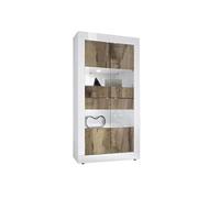 OTELLO - Vitrine 4 Portes Finition Blanc Laqué et Aspect Bois Antik avec Leds