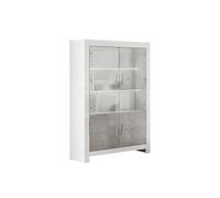 DENAE - Vitrine 4 Portes Laquée Blanc Brillant et Gris Marbré avec Leds