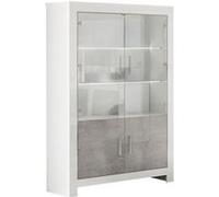 DENAE - Vitrine 4 Portes Laquée Blanc Brillant et Gris Marbré avec Leds
