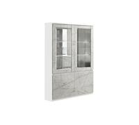 DEYTON - Vitrine 4 Portes Laquée Blanc et Gris Marbré avec Leds