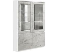 DEYTON - Vitrine 4 Portes Laquée Blanc et Gris Marbré avec Leds