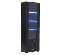 Vitrine 60/35/180 cm noire en MDF avec éclairage LED et 3 tiroirs