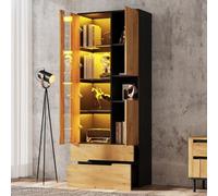 Vitrine 70 x 35 x 180 cm, avec barre lumineuse LED, 3 portes et 2 tiroirs | Armoire de rangement polyvalente, design combiné, en bois noir, armoire de rangement moderne pour salon