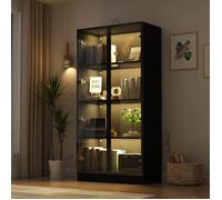 Vitrine à 4 Niveaux avec LED 3 couleurs pour Salon, Vitrine Armoire Moderne avec 2 Portes en Verre, 80x40x160, Noir