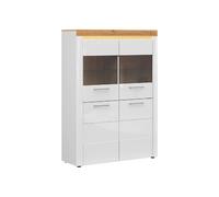 Vitrine à 4 portes avec éclairage LED coloris Chêne doré/Blanc haute brillance - Longueur 119 x Profondeur 42 x Hauteur 166 cm