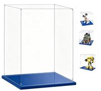 Vitrine acrylique transparente pour objets de collection, avec base bleue