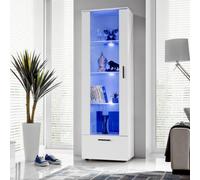 Vitrine Alessandria A1 Blanc/Blanc 60x192x42 cm | Vitrine Armoire Alessandria, Blanc Blanc, Largeur 60 cm x Hauteur :192 cm x Profondeur 42 cm, LED Bleues, 3 étagères