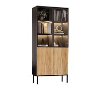 Vitrine-Argentier 74x31x180cm Noir Et Chêne, Vitrine Verre 5 Niveaux LED, Rangement Collection Bibliothèque Salon Bureau