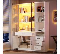 Vitrine Argentier Blanc 120x35x200cm LED, Armoire Haute 13 Espaces 4 Tiroirs Portes, Rangement Salon Salle à Manger