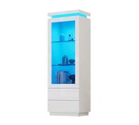 Vitrine Argentier Blanc 60x40x171cm, Armoire Haute Verre Brillance LED, 2 Tiroirs Portes Pliante Pieds Rangement Salon